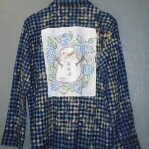 A Rare Bird Bleached‎ Blue Black Plaid Flannel Button Up Shirt Snowman patch